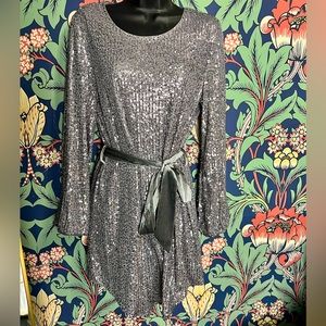 Silver sequin dress with velvet tie